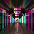 Modern Colorful Illuminated Corridor Interior With Neon Lights And Perforated Walls