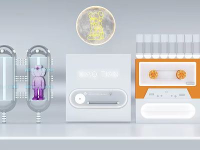 Modern Background Wall with Transparent Glass Containers Purple Doll Glowing Moon Design Orange Tape Decoration 3d model
