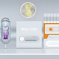 Modern Background Wall with Transparent Glass Containers Purple Doll Glowing Moon Design Orange Tape Decoration