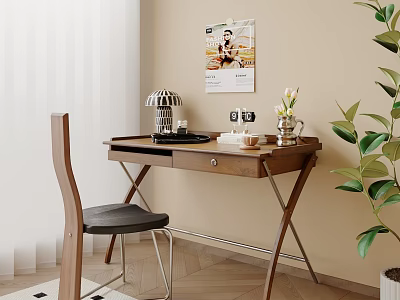 Wooden Desk Setup in Room Corner with Metallic Lamp Vase and Green Plant 3d model