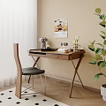 Wooden Desk Setup in Room Corner with Metallic Lamp Vase and Green Plant