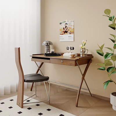Wooden Desk Setup in Room Corner with Metallic Lamp Vase and Green Plant 3d model