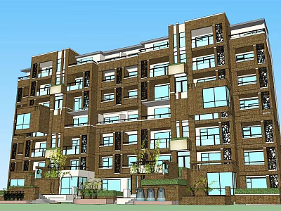 Modern Multi Story Building With Glass Windows Brown White Exterior And Green Plants 3d model