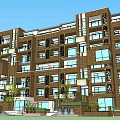 Modern Multi Story Building With Glass Windows Brown White Exterior And Green Plants