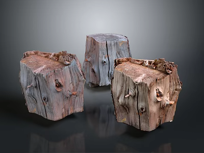 Three Natural Wooden Stone Tree Stump Stools With Textured Surfaces And Knots 3d model