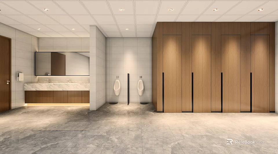 Modern Public Restroom Interior Design With Washbasin Mirror And Wooden Cubicles 3d model 