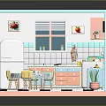 Cute Vintage Kitchen Interior With Pink Blue Cabinets White Refrigerator Dining Table And Checkered Floor