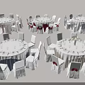 Round Table and Chair Set with White Red Purple Tablecloths and Bow Decorations