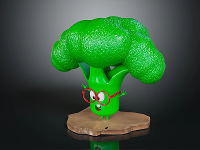 Green Broccoli Character With Red Glasses Funny Face And Wooden Base 3d model