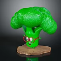 Green Broccoli Character With Red Glasses Funny Face And Wooden Base