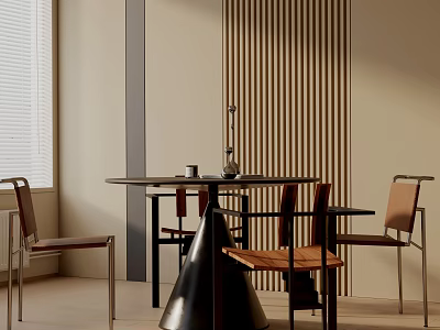 Modern Minimalist Dining Table Set With Round Table Wooden Striped Wall And Chairs 3d model