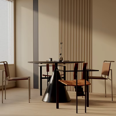 Modern Minimalist Dining Table Set With Round Table Wooden Striped Wall And Chairs 3d model