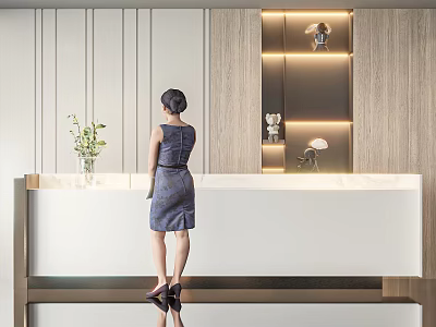 Front Desk Reception With Elegant Receptionist At Modern Marble Counter And Wooden Lighting 3d model