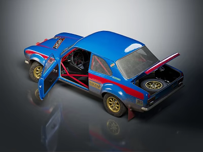 Blue Race Car Model With Open Doors Trunk Golden Wheels And Stripes 3d model
