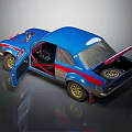 Blue Race Car Model With Open Doors Trunk Golden Wheels And Stripes