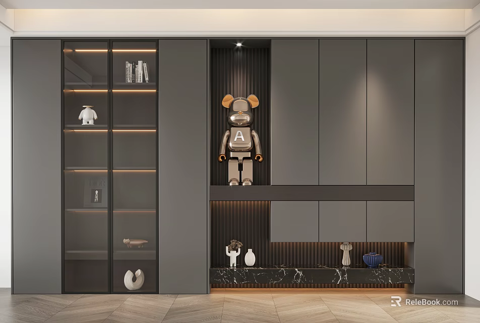 Modern Sleek Gray Shoe Cabinet With Display Shelves Decorative Robot Figurine And Marble Countertop 3d model 
