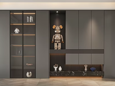 Modern Sleek Gray Shoe Cabinet With Display Shelves Decorative Robot Figurine And Marble Countertop 3d model
