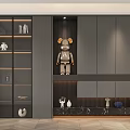 Modern Sleek Gray Shoe Cabinet With Display Shelves Decorative Robot Figurine And Marble Countertop