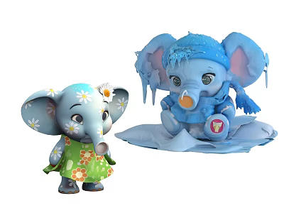 Adorable Elephant Dolls with Daisies Green Dress Blue Icy Scarf and Orange Trunk Detail 3d model