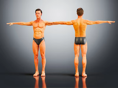 Muscular Man Front And Back View With Arms Stretched In Black Underwear On Dark Background 3d model
