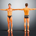 Muscular Man Front And Back View With Arms Stretched In Black Underwear On Dark Background