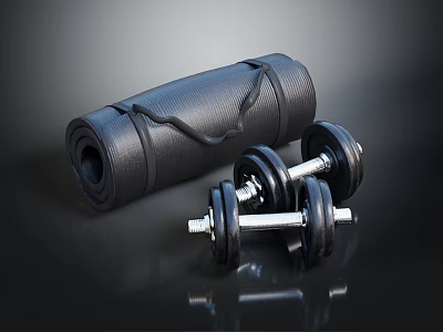 Black Rolled Up Yoga Mat And Dumbbells For Home Fitness Equipment 3d model