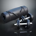 Black Rolled Up Yoga Mat And Dumbbells For Home Fitness Equipment