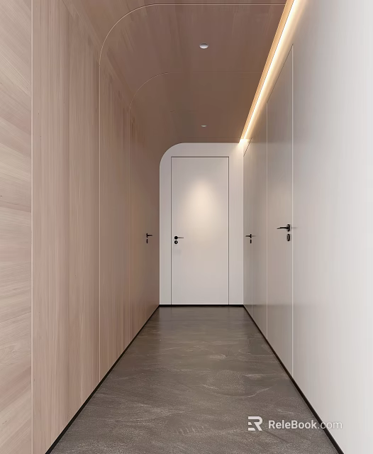 Modern Elevator Hallway Interior With Wooden Panel Walls White Doors And Recessed Lighting 3d model 