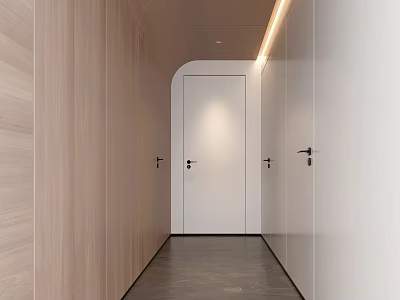 Modern Elevator Hallway Interior With Wooden Panel Walls White Doors And Recessed Lighting 3d model