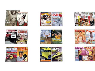 Various Types of Magazines with Different Themes Including Travel Skiing Golf Fitness Car and Boat 3d model