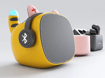 Cute Yellow Cartoon Headphone Speaker with Bluetooth Wireless Design and Pink Black Color Variants 3d model