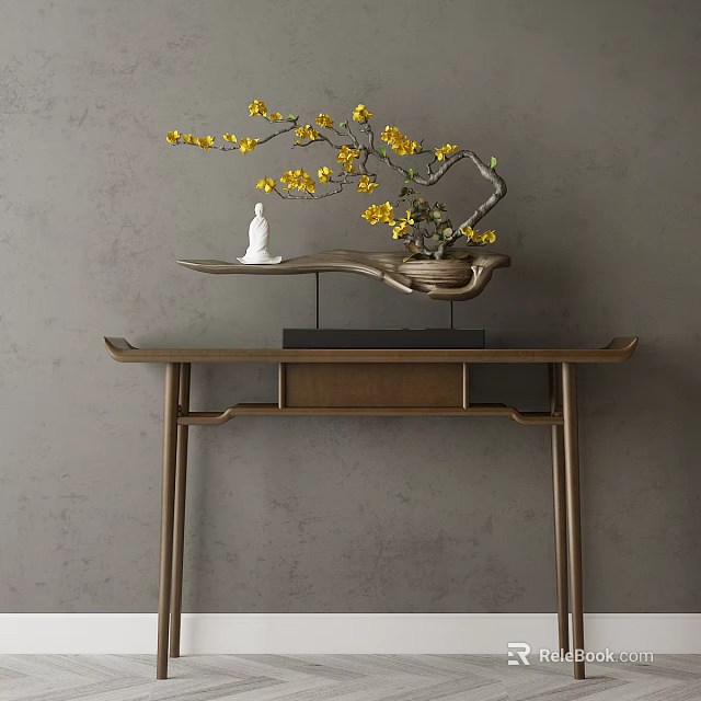 Wooden Console Table With Yellow Flower Decor And White Figurine Against Grey Wall Background 3d model 