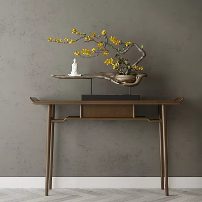 Wooden Console Table With Yellow Flower Decor And White Figurine Against Grey Wall Background 3d model
