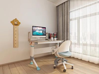 Modern Adjustable Desk With Computer Stationery And Ergonomic Chair In Sunny Room 3d model