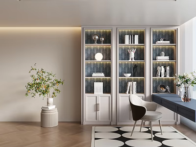 Modern Bookcase Interior With Glass Shelves Books Decorative Items Desk Chair Plants And Wooden Floor 3d model