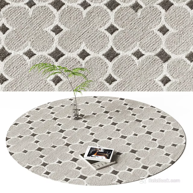 Round Rug with Diamond Pattern in Beige Gray Tones and Small Plant with Magazine 3d model 