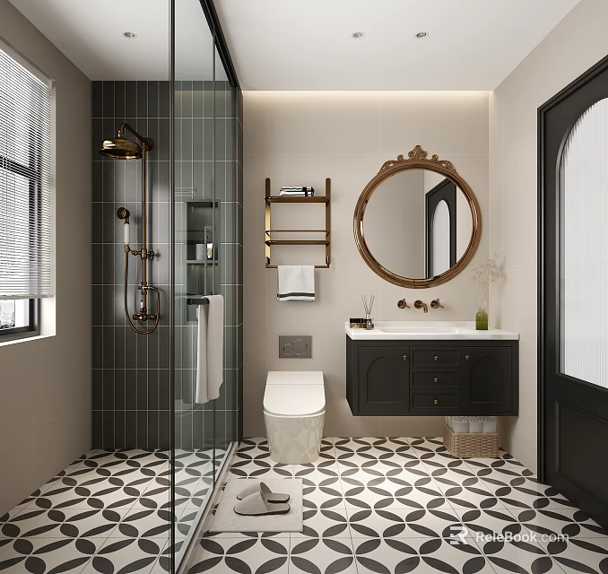 Modern Bathroom Interior Design With Glass Shower Black Vanity Round Mirror And Geometric Floor Tiles 3d model 