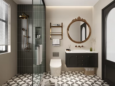 Modern Bathroom Interior Design With Glass Shower Black Vanity Round Mirror And Geometric Floor Tiles 3d model