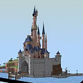 Ancient Castle Architecture With Multiple Spires Blue Roofs And Surrounding Water