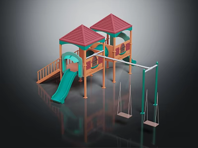 Children Playground Structure With Green Slide Red Roof And Wooden Swings 3d model