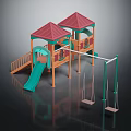Children Playground Structure With Green Slide Red Roof And Wooden Swings
