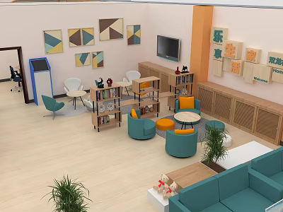 Service Hall Interior With Blue Sofas Tables Chairs Potted Plants And TV 3d model
