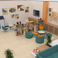 Service Hall Interior With Blue Sofas Tables Chairs Potted Plants And TV 3d model
