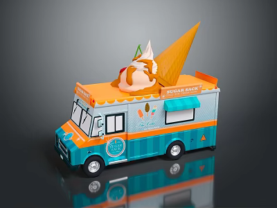 Colorful Orange Blue Ice Cream Truck With Giant Cone On Roof 3d model