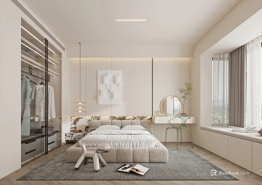 Modern Bedroom Interior with Plush Bed Open Wardrobe Gray Rug and Abstract Wall Art 3d model 