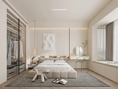 Modern Bedroom Interior with Plush Bed Open Wardrobe Gray Rug and Abstract Wall Art 3d model