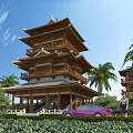 Multi tiered Wooden Pagoda With Palm Trees Greenery And Purple Car