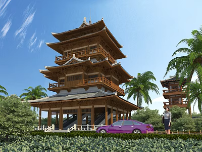 Multi tiered Wooden Pagoda With Palm Trees Greenery And Purple Car 3d model