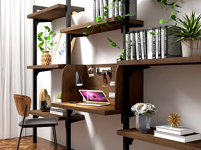 Wooden Multilayer Storage Shelf in Home Office With Books Plants Laptop And Decorations 3d model