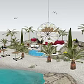 Scenic Sandy Beach Featuring White Windmill Palm Trees Lounge Chairs Blue Sky And White Clouds